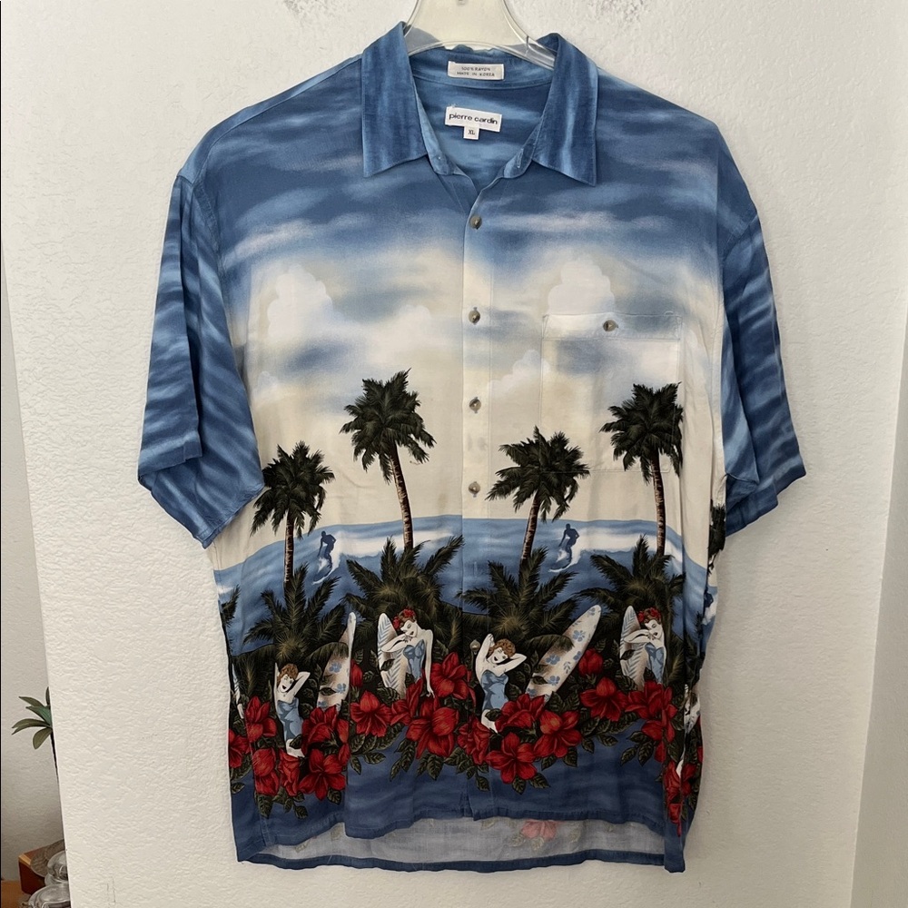💙Rare Pierre Cardin Blue and Cream Tropical Print Shirt (50Wx32L) Sz XL